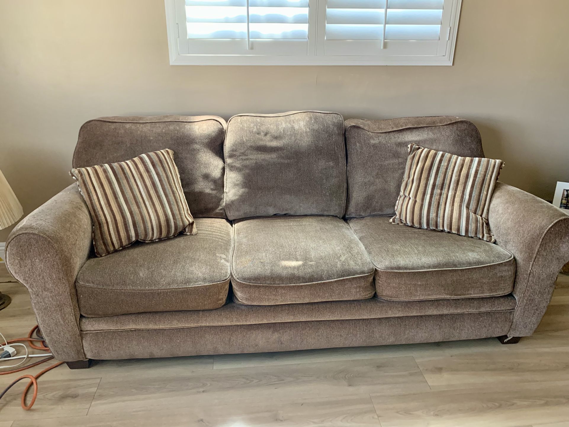 Brown Fabric Sofa With Throw Pillows, 7 Foot Long