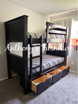 New twin bunk bed with mattress and drawers