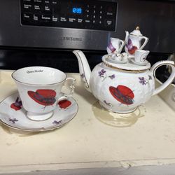 Vintage Red Hat Society Tea Kettle And Set