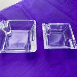 Pair Of Vintage Glass Square Ashtrays 