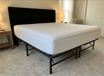 King  Black Metal Platform Bed Frame with Black  Velvet Headboard and mattress