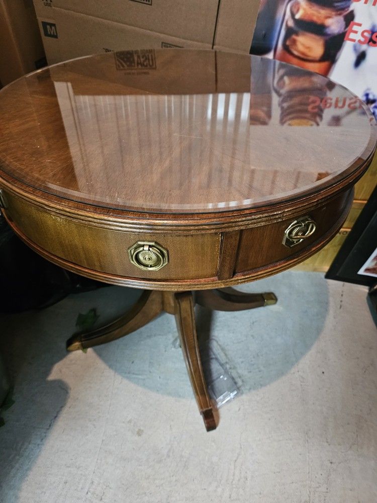 Antique Wood End Table With Glass Top
