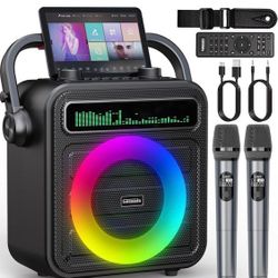 Karaoke Machine Portable Bluetooth Speaker 6000mAh for Adults with 2 Wireless Microphones, with REC/TWS/FM/AUX/USB/IF Card for Party 