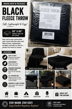 NEW Black Fleece Throw Blanket 50” x 60” | Soft & Cozy NEW