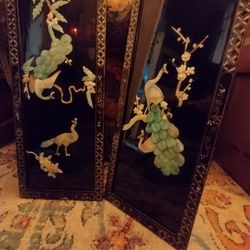 Two Vintage 1950s Mother-of-Pearl 24" inch tall Chinese Handmade Wall Art Pieces