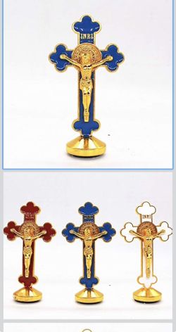 Set Of 12 X St. Benedict Silver Tone 3.25" Mini Cross for Car Home Office Car Dashboard Bless Driving Imagen San Benito Proteccion (Blue)