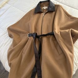 Women's Elegant Lapel Collar Wool Blend Bow-Tie Poncho Cape Jacket with Belt