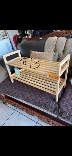 Excellent condition wood shoes, rack, side table, tables, and desk