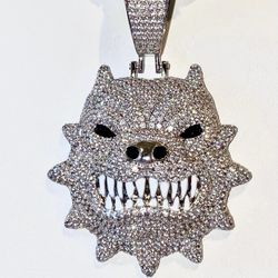 Men’s Miami Cuban Link Chain Necklace, 14K White Gold 5X Layered Cuban Chain, Angry Pit bull Pendant, CZ Diamond, ICY 