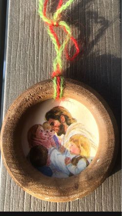 Wooden Religious Christmas Ornament with Jesus Image Vintage Jesus with Children 1962 FRANCIS HOOK Framed 2”