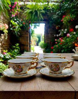 Vintage Bavarian courting couple teacup and saucer set of 6 Rococo Style.