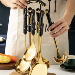 NEW Luxury Gold Kitchen Utensils Set, 7Pc Ceramic Handle Cooking Tools w/ Stand