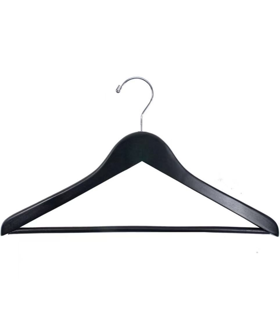 🥨10Pcs Economy Wooden Suit Hanger with Attached Pant Bar, Chrome Hook, 17", Black,