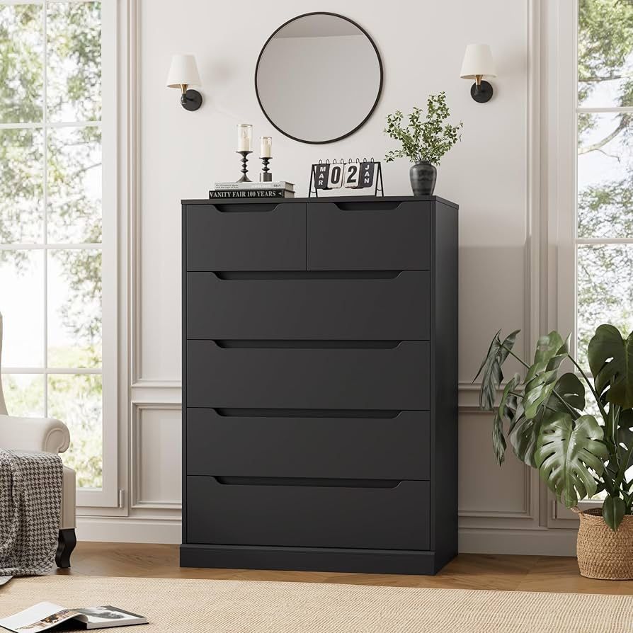 Black 6 Drawer Dresser for Bedroom, Tall Chest of Drawers with Storage, Large Wood Storage Chest Organizer with Cut-Out Handle, Accent Storage Cabinet