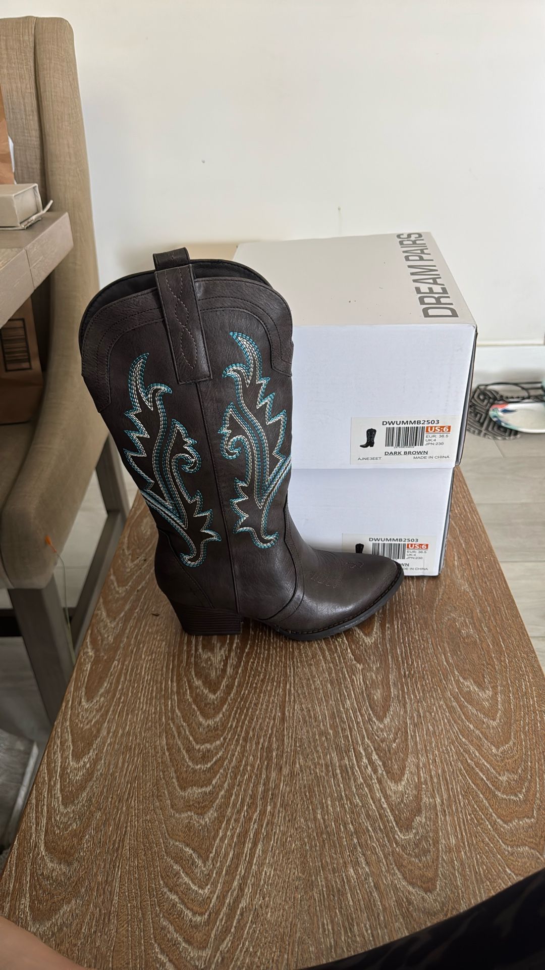 Dream Pairs Dark Brown Heeled Boots with Blue Stitching