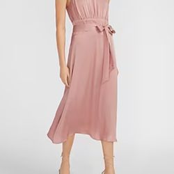 Satin Belted High Neck Dress