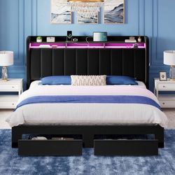 King Size Bed Frame with 2-Tier Storage Headboard & 2 Large Drawers Velvet Uphol