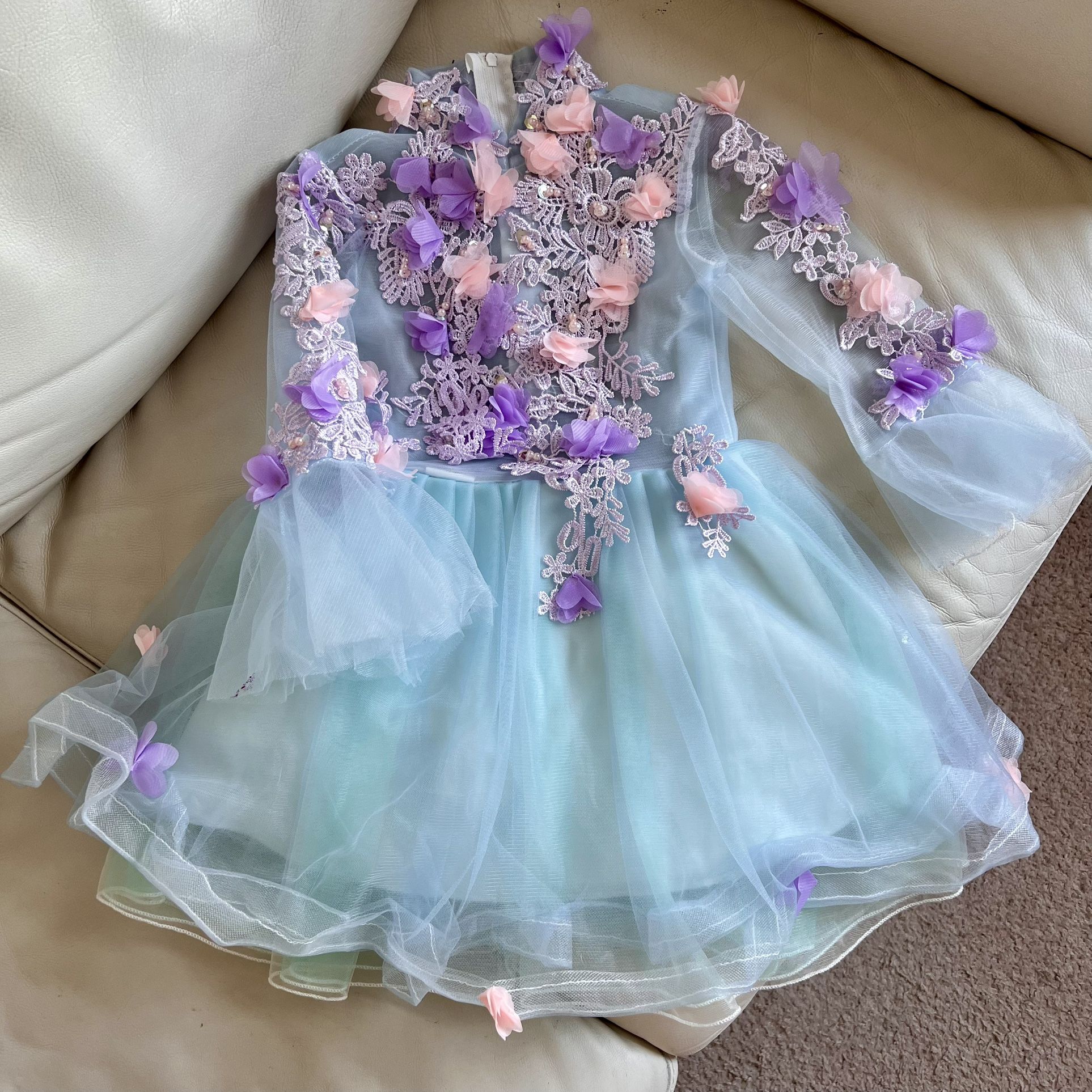 Flower Fairy Lilac See through Girl Dress Flower Appliques Lace Short Ruffle Flower Fairy Lilac See through Girl Dress Flower Appliques Lace Short Ruffle