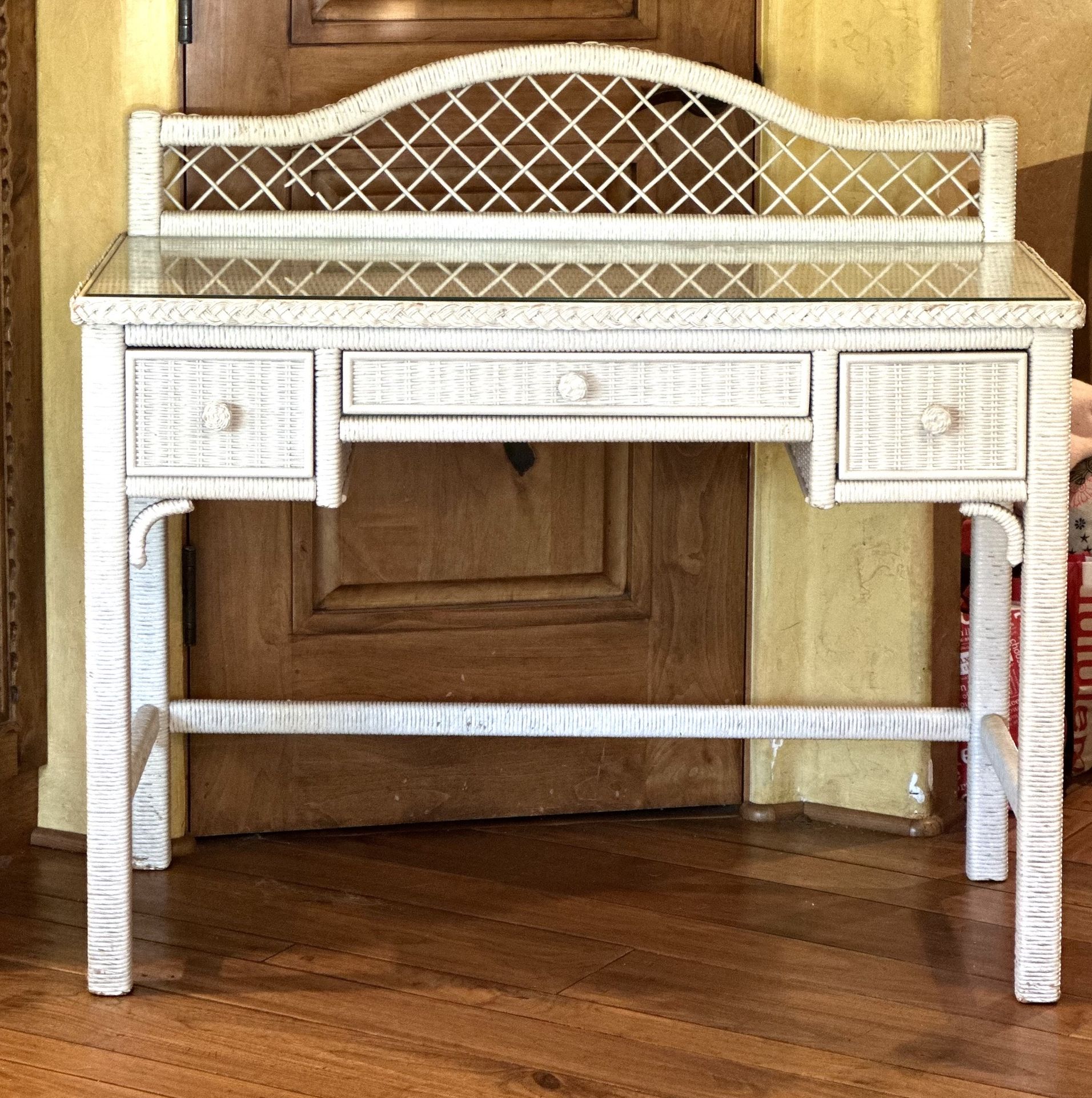 Vintage HENRY LINK Wicker Desk With Glass Top