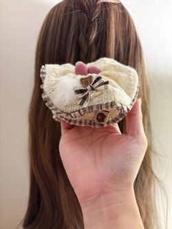 Light cream color with brown plaid pattern fluffy scrunchie/hair tie