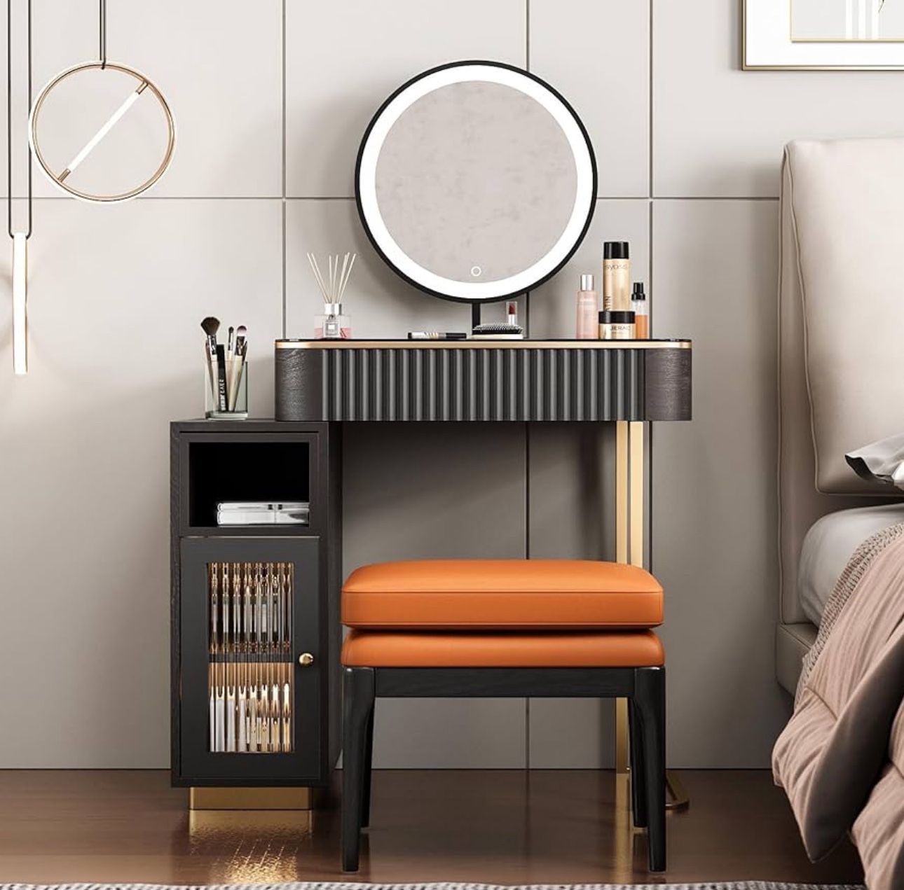 Black/Brown Vanity Desk & Stool