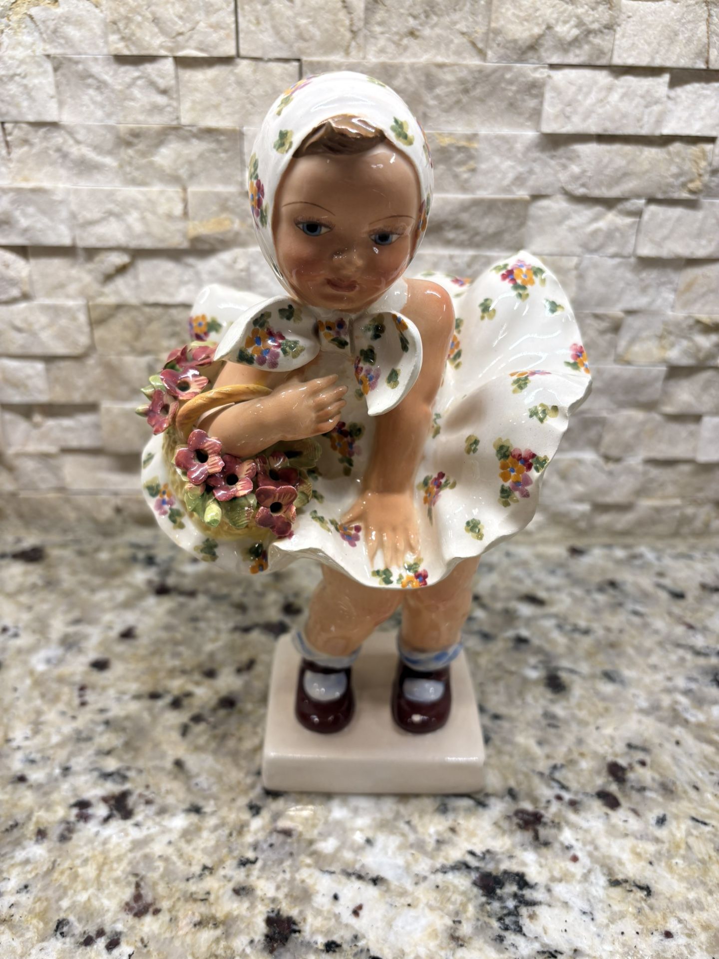 Vintage Italian Porcelain Glazed Sculpture Figurine Girl with Basket of Flowers