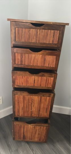 Tall Rattan Bamboo Style Wood Chest of Drawers and matching bench