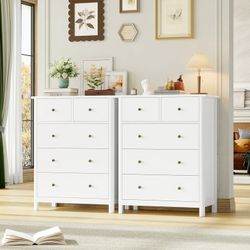 2pcs White Dresser of 5 Drawers, Dresser Chest with Easy Pull Handle for Bedroom, Living Room