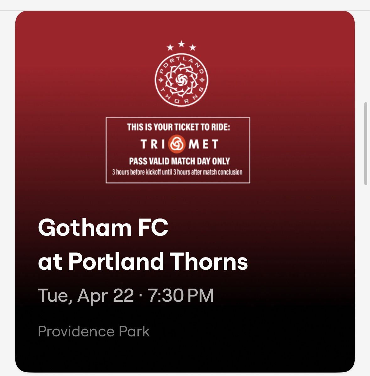 2 Tickets To Thorns Vs Gotham 4/22 7:30