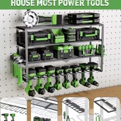 😀 Power Tool Organizer Wall Mount, 4 Layers Tool Storage Rack with 8 Cordless Drill Holders, Power Tool Shelf Loads 400lbs for Garage, Warehouse