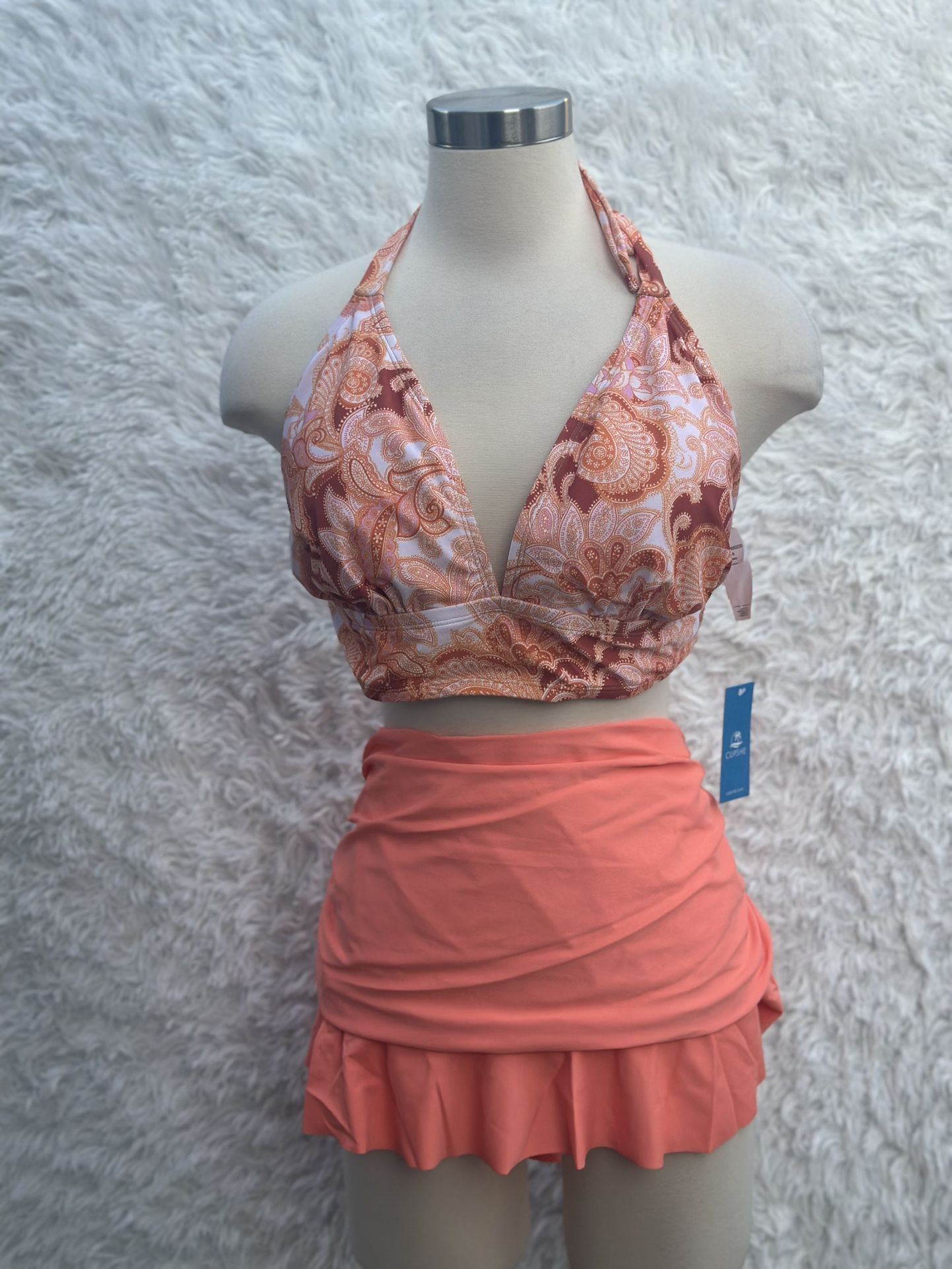 Paisley Halter Bikini Top and Coral Skirt Set Size 1XL Or 2XL