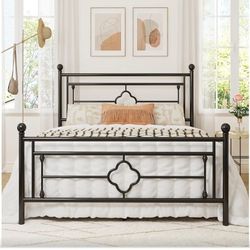 Queen Bed Metal Platform Bed Frame with Victorian Vintage Headboard and Footboard/Mattress Foundation/Under Bed Storage/No Box Spring Needed/Noise-Fr