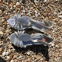 Girls Size 5 Wedge Heels Silver Rhinestones 