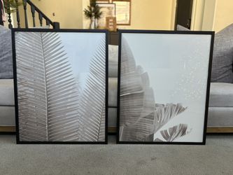 Set of 2 black glass framed tropical leaf and banana leaf botanical prints each print is 25"x31"