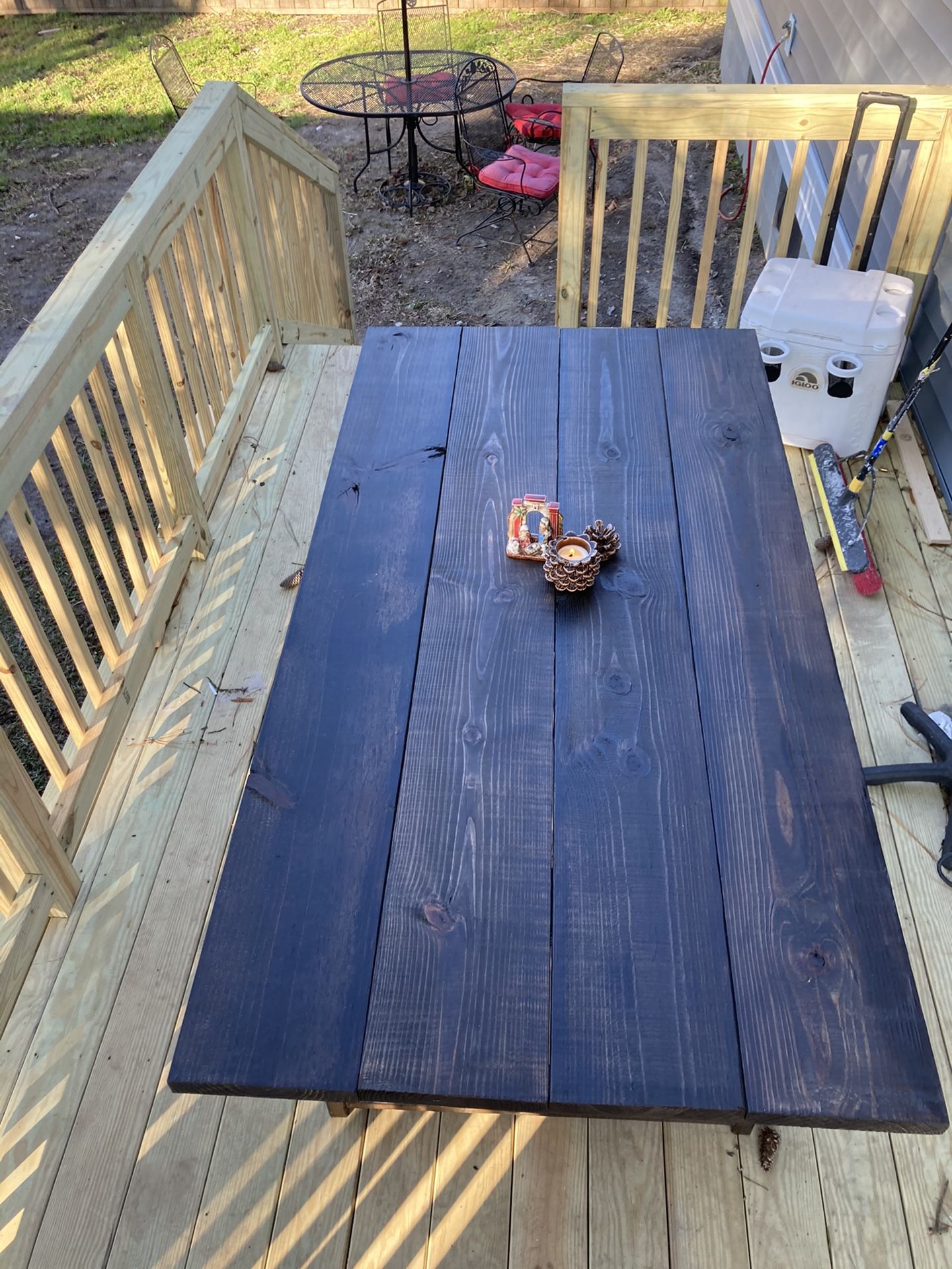 Inside/ outside weather treated wood table