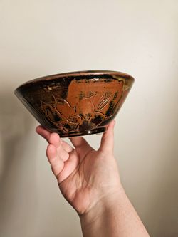 Handmade Ceramic Bowl with Carved Floral Design