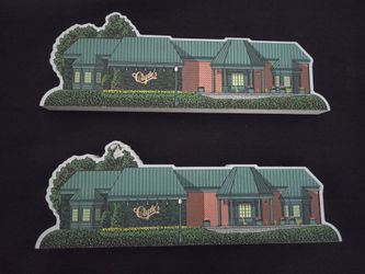 2 Signed 'Clyde's At Mark Center' Hand Carved & Handpaint On Wood 10.5"x3" Vtg