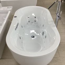 71” Freestanding Ceramic Bathtub With Pool Jets And Overflow Drain Ready For Pickup And Installation 