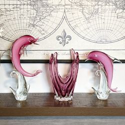 Murano Glass Pink Dolphins & Ocean Wave Vase 3 Piece Set Vintage