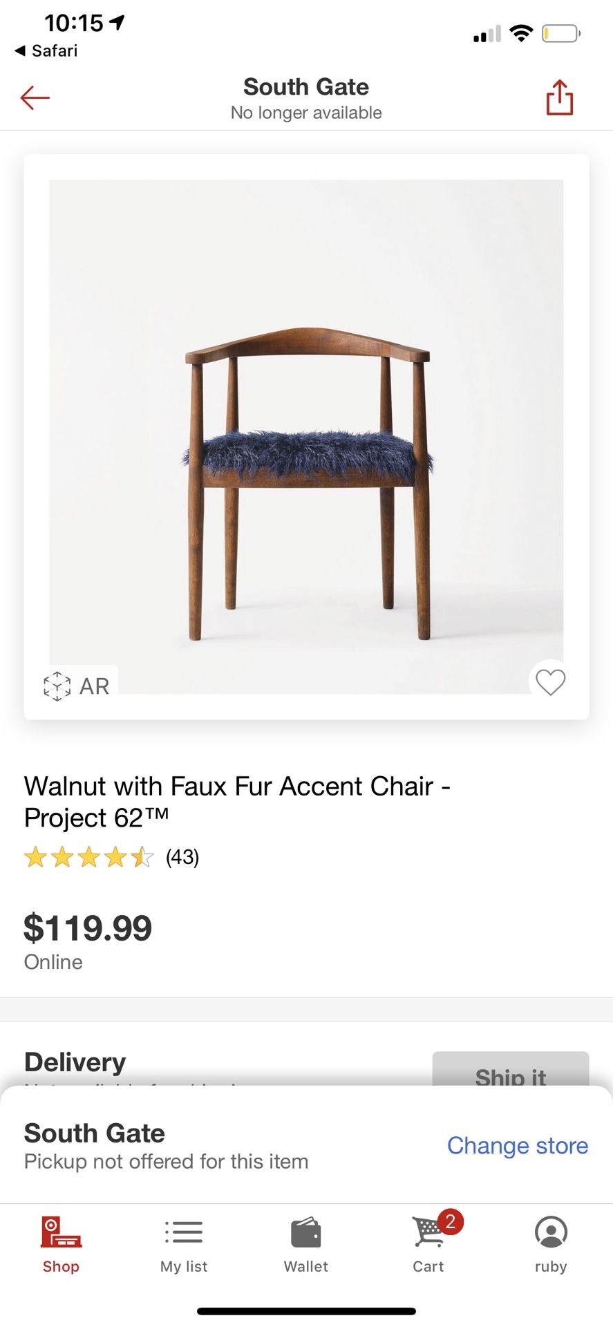 Threshold Walnut with Faux Cobalt Blue Fur Accent Chair - Project 62