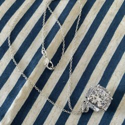  Vintage Sterling Silver 925 Art Deco Clear Crystal Pendant Necklace Silver Tone 18 Inch