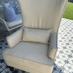White Leather Wing-backed Accent Chair