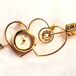Gold Colored Valentine Heart Watch Brooch 