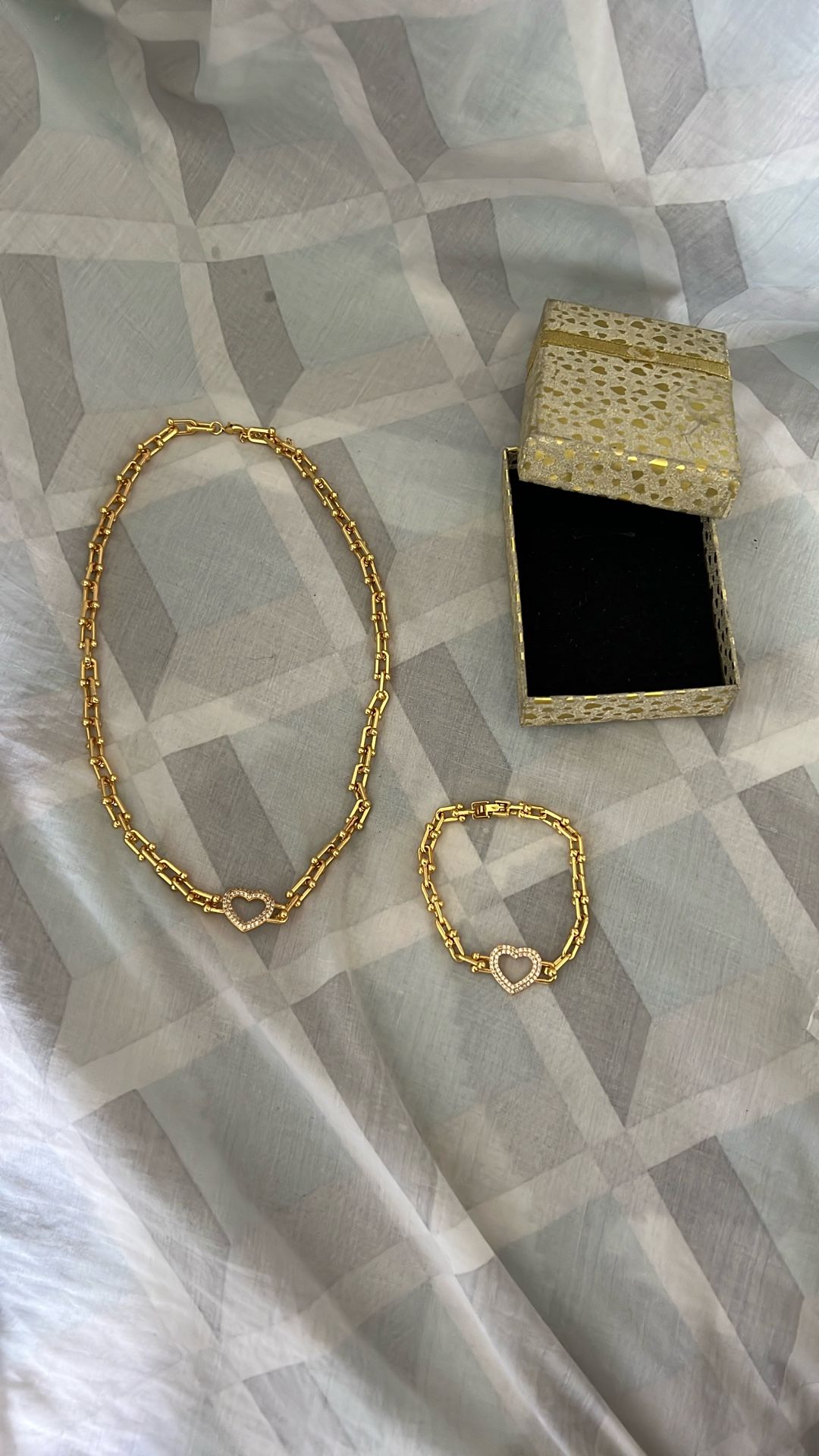 Gold Heart Bracelet and Necklace Set