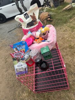 pink dog kennel with a bunch of goodies