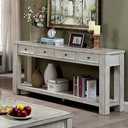 RUSTIC ANTIQUE WHITE FINISH CONSOLE HALL / ENTRY WAY SOFA TABLE OPEN SHELF DRAWERS