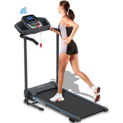 Electric Folding Treadmill Exercise Machine - Smart Compact Digital Fitness Treadmill Workout Trainer w/Bluetooth App Sync, Manual Incline Adjustment