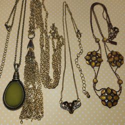 #1756, LOT OF GOLD TONE  NECKLACES INCLUDE 1928 (SIGNED) AND CRYSTALS  
