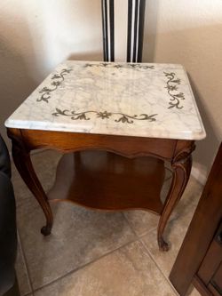 Two Wooden Marble Top End Tables