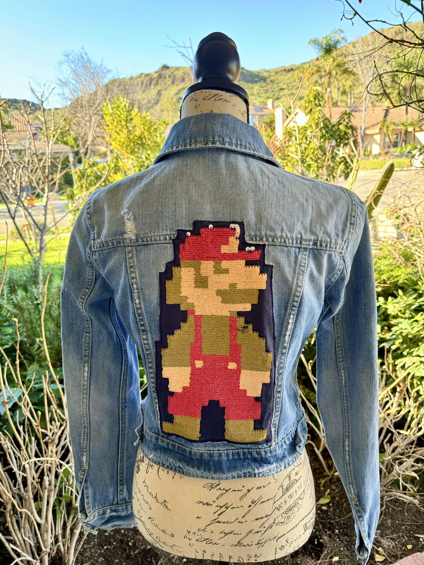 Mario/Nintendo Denim Jean Jacket With Reversible Sequins That Turns Into Another Character